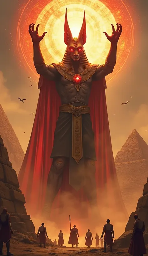 Jackal-Headed Mage (Anubis-Inspired):
"A towering 75-foot jackal-headed sorcerer stands with arms raised to the heavens, his piercing glowing red eyes radiating ancient power. Golden hieroglyphs spin and hover in the air as crimson ethereal energy flows li...