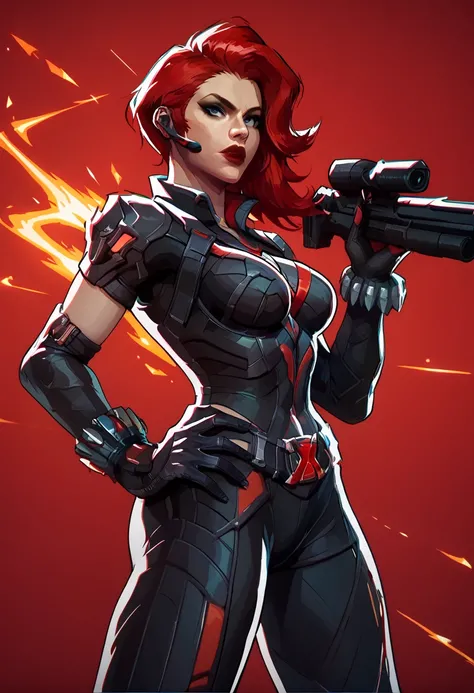 score_9, score_8_up, score_7_up, score_6_up, expressiveh, blackwidow_rivals, 1girl, solo, cowboy shot, red hair, asymmetrical hair, headset microphone, eyeliner, blue eyes, red lips, bodysuit, black bodysuit, gloves, black gloves, forearm guns, black cloth...