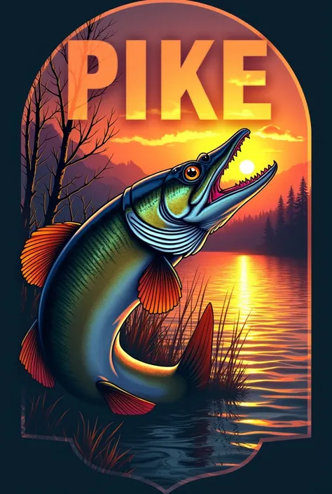 Fishing logo with a pike in the foreground is in the background a sunset is on the outline of the logo you must put the manly name_pike