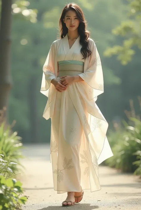 Light pastel yukata paired with wooden geta sandals.american lady wearing in the outfit
