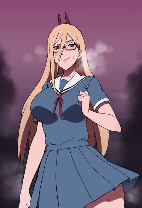 Power from the anime naruto wearing a very sexy school teacher uniform with glasses and looking to the camera with a naughty face and heavy breathing and sweating from hot