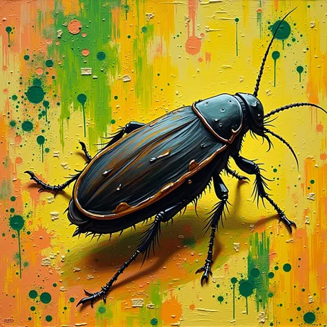 A cockroach, depicted in bold black ink, is the central subject of a vibrant abstract painting. The roach is positioned mid-frame and slightly angled to the right, with its body oriented towards the viewer.  Strong, bold brushstrokes and splatters of vibra...