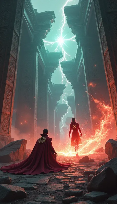 An intense mystical battle in a shattered temple floating in a collapsing reality. Doctor Strange kneels victoriously, his glowing golden sigils fading as Scarlet Witch lies defeated nearby, her scarlet energy dissipating into the void. The broken remains ...