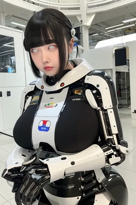 masterpiece, best quality, extremely detailed, portrait,Japaese android girl,Plump,a bit chubby,control panels,android,Droid,Mechanical Hand, ,Robot arms and legs, Black hair,Mechanical body,Blunt bangs,White Robotics Parts,perfect robot woman,Charging spo...