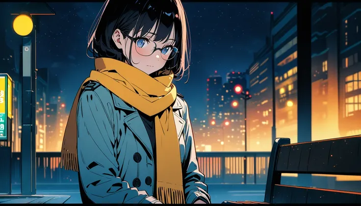 (( black hair)),((Pale Color)),masterpiece, ((( coat and scarf pulling elbows ))),Highest quality, Beautiful attention to detail, Very detailed, In detail, High resolution, Perfect Anatomy, , , Girl, (one person:1.5), alone, (Glasses), (The face is bright)...