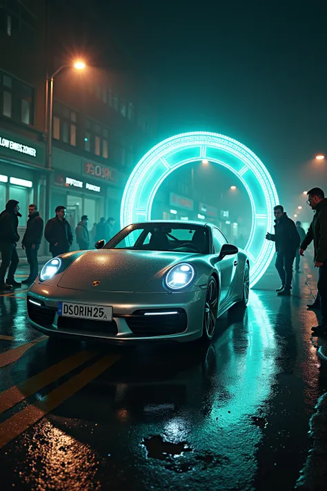 "A dramatic scene showing a 2005 car, clearly less polluting, stuck outside a powerful, glowing barrier marked Low Emission Zone. In contrast, a sleek, bright Porsche electric vehicle glides through the barrier. The colors are electric: the Porsche shines ...