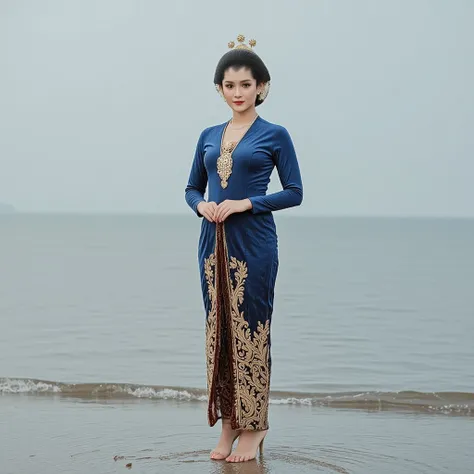 a beautiful female model wearing a blue kebaya and wearing a brown batik sarong, dress and wearing high heels and she is standing on the edge of the sea and her expression is smiling faintly