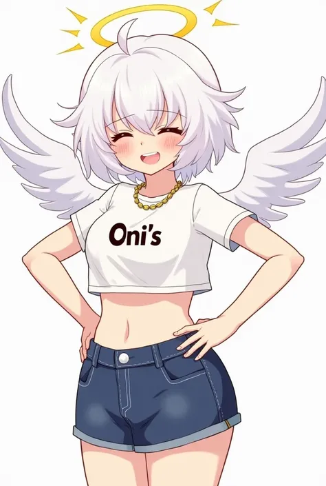 nyantcha, 1adultman, curly hair, small angel wings, halo, white hair, ((flat chest)), (((upper body))), shy, thick thighs, embarrassed, microskirt, denim skirt, cropped tee shirt that says “Oni’s” blushing, embarrassed, bulge, gold chain,