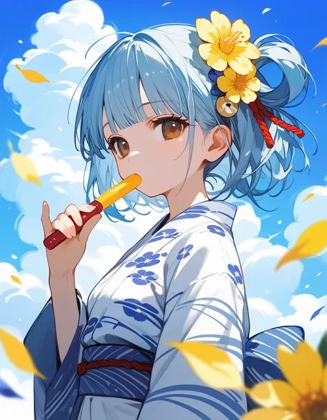 Score_9,Score_8_up,Score_7_up,highest quality, source_anime, highest quality, BREAK 1 girl, sky blue flower yukata, light blue hair, half up hair, light yellow flower ornament, brown eyes, BREAK ( japanes summer festival), BREAK