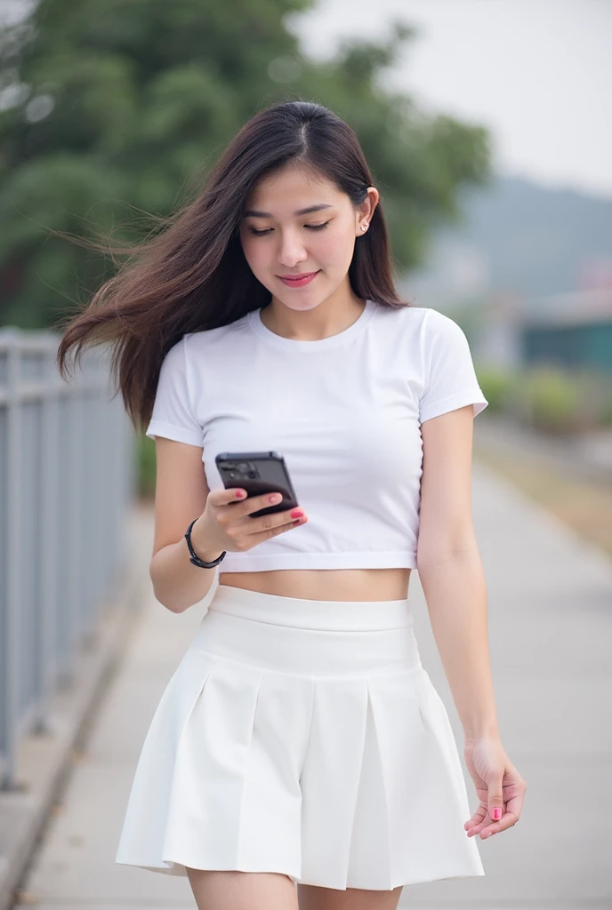 Masterpiece High Quality Photo Masterpiece High Resolution Realistic Realistic Sexy Portrait Poses Realistic Photoshoot Beautiful Asian Girl 158 cm tall .  She is wearing a fitted white T-shirt, a white flared miniskirt with pleated handles She is walking ...