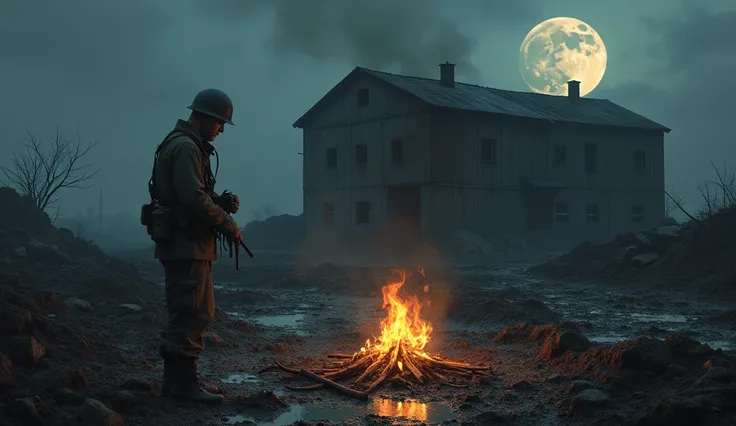 Battlefield 1940 mud field Soldier Burning fire at night near wear house moon shining