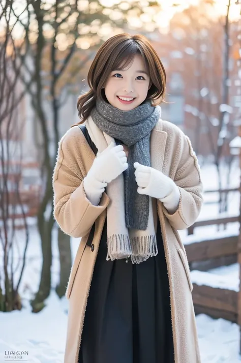 (8k, RAW photo, photorealistic, HQ, masterpiece), a cute Japanese girl,(glowing eyes), 
(laugh:1.4), brown hair, fluffy Pixie Bob hair, large breasts, curvy, (Stylish winter outfits, Scarf, coat, long skirt), gloves, 
standing pose, Seductive pose, (winter...