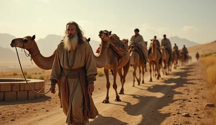 image showing an elderly man with long hair and beard and biblical clothing, leading a caravan with eight camels, the camels are resting in the vicinity of a manual well, biblical plain in the background; hyperrealistic,