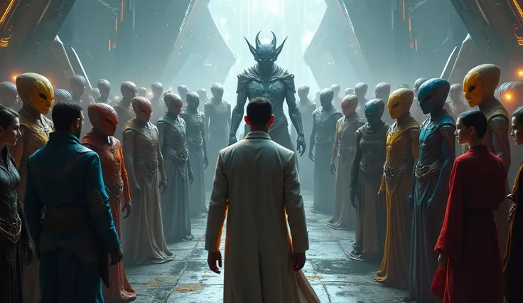 A powerful scene depicting a group of humans standing before a massive alien council, all radiating an aura of authority and warning. The aliens, diverse in appearance with glowing eyes and futuristic armor, convey a sense of both wisdom and threat. The at...