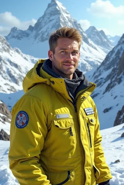  Make a realistic portrait of a short white man with light brown hair,  light blue eyes wearing a lemon green Rescuer outfit . Set in the background a scene with snowy mountains 