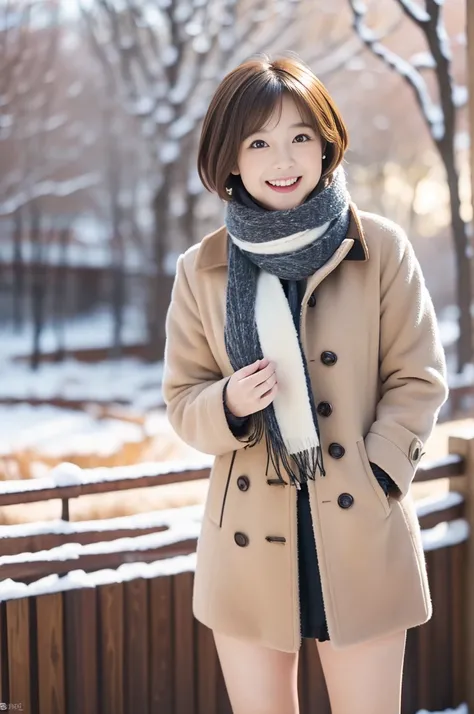 (8k, RAW photo, photorealistic, HQ, masterpiece), a cute Japanese girl,(glowing eyes), 
(laugh:1.4), brown hair, fluffy Pixie Bob hair, large breasts, curvy, (Stylish winter outfits, Scarf, coat, long skirt), 
standing pose, Seductive pose, (winter nature ...