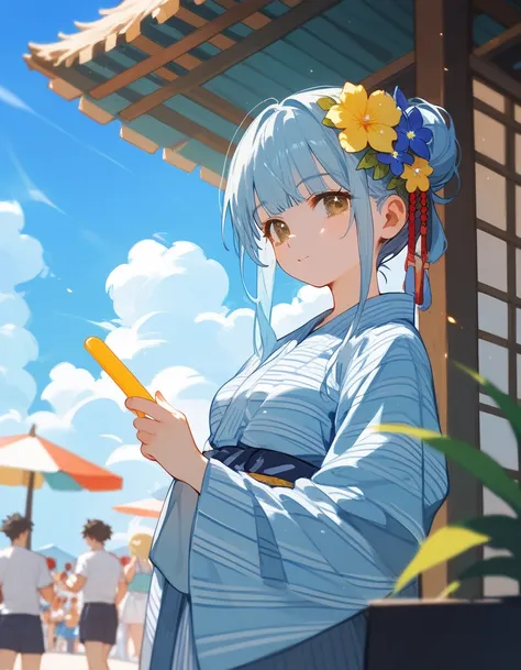 Score_9,Score_8_up,Score_7_up,highest quality, source_anime, highest quality, BREAK 1 girl, sky blue flower yukata, light blue hair, half up hair, asymmetry bangs, light yellow flower ornament, brown eyes, BREAK ( japanes summer festival), BREAK