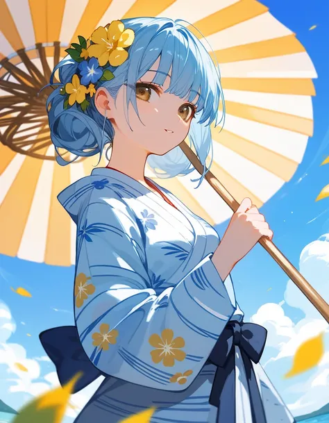 Score_9,Score_8_up,Score_7_up,highest quality, source_anime, highest quality, BREAK 1 girl, sky blue flower yukata, light blue hair, half up hair, asymmetry bangs, light yellow flower ornament, brown eyes, BREAK ( japanes summer festival), BREAK