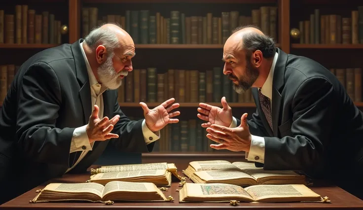 6.	"A debate between two biblical scholars ,  with intense gestures and manuscripts on the table."