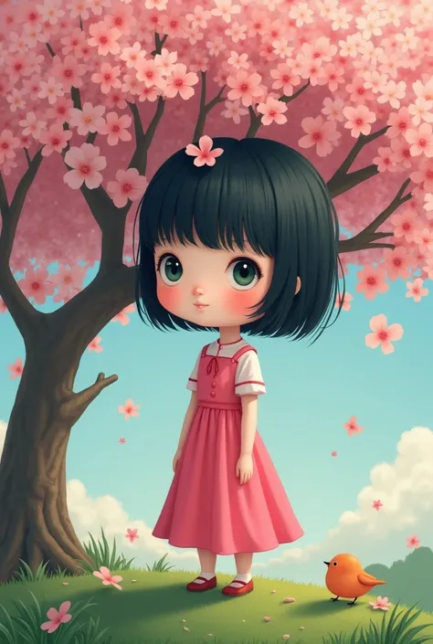 , big head, , pink dress, short black hair and baby bird on peach blossom tree, grass, 