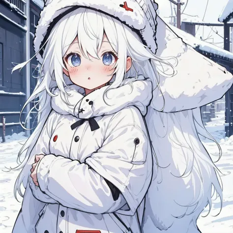 ( high definition ), ( Ultra Details), (masterpiece), ( top quality ), (sharp fTHEcus), ( Cinematic Writing), (vibrant cTHElTHErs),   ChibiPF,  1 girl, white backgrTHEund, winter hat, lTHEng white hair, :THE,