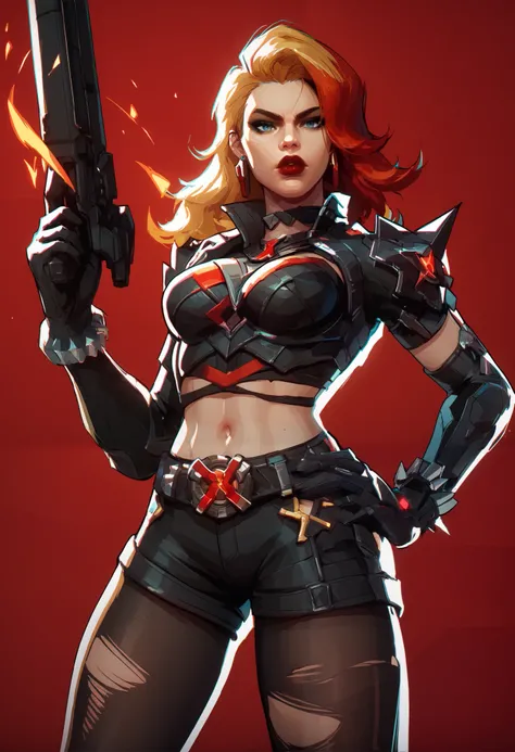 score_9, score_8_up, score_7_up, score_6_up, expressiveh, magik_rivals, 1girl, solo, cowboy shot, blonde hair, long hair, hair accessory, eyeliner, blue eyes, earrings, cropped bodysuit, black bodysuit, armor, belt, gloves, black gloves, black clothes, pau...