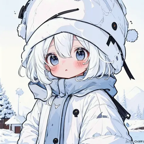 ( high definition ), ( Ultra Details), (masterpiece), ( top quality ), (sharp fTHEcus), ( Cinematic Writing), (vibrant cTHElTHErs),   ChibiPF,  1 girl, white backgrTHEund, Winter hat , lTHEng white hair, :THE,