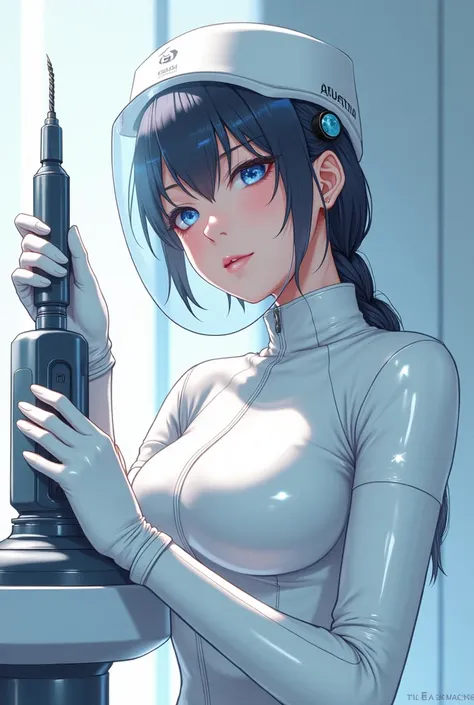 Anime Female nurse wear a white latex shiny gown and face shield and a white cap and a surgical mask and white latex gloves holds a brains surgical driller from front 