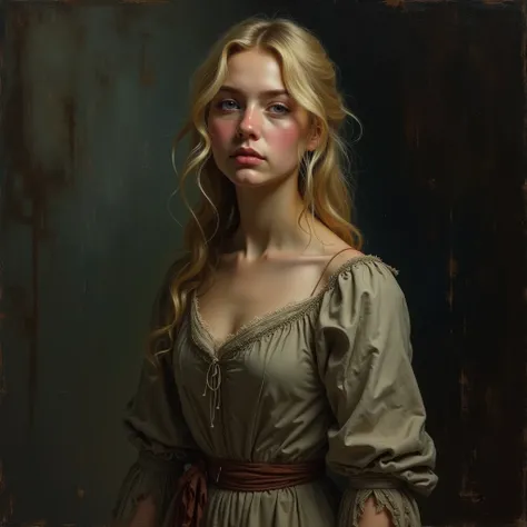 An oil painting-style portrait of a young, blonde-haired English woman from the Victorian era, depicted in a half-length composition focusing on her face and upper body. Her expression is soft yet melancholic, her pale blue eyes reflecting a mix of vulnera...