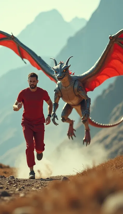 A hyper-realistic cinematic scene depicting a handsome man with a clean face, no mustache or sideburns, wearing a red T-shirt and trousers running determinedly across a vast and steep mountain plain. Beside him, a majestic dragon robot, with a striking com...