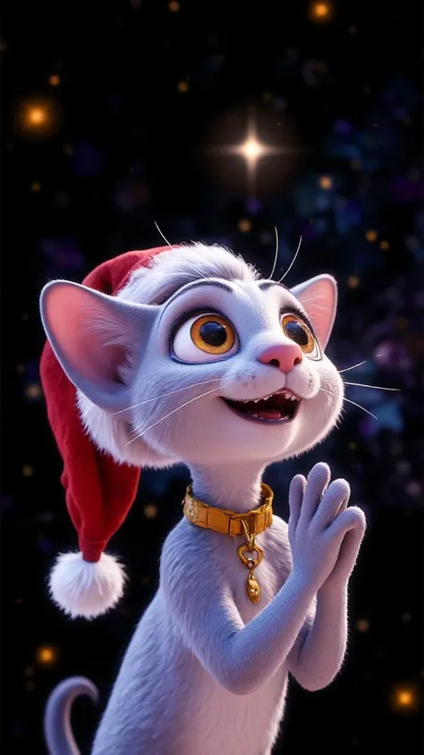 A lilac sphinx kitten: a cute, friendly, charismatic kitten, with Disney 3D animation features, Pixar style, the features are very attractive to attract the attention of ren, lilac, hairless, (hairless), yellow eyes, yellow collar, with a Santa Claus hat i...