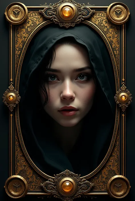  make a frame of a tarot card,  in gold and black tones , As a face from a game .  the center of the image must be white ,  must not have content on the card  