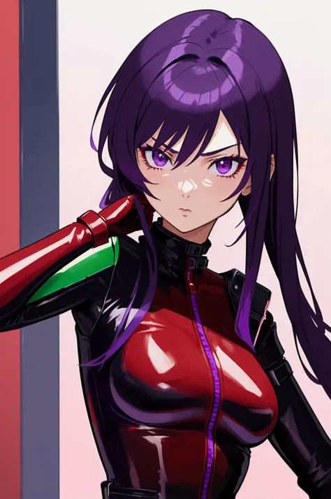 1girl, beautiful anime fighter girl, red and black leather catsuit, dark green shoulder pads, highly skilled cool ace pilot, shoulder-length purple hair, purple eyes, dramatic colors, extremely detailed