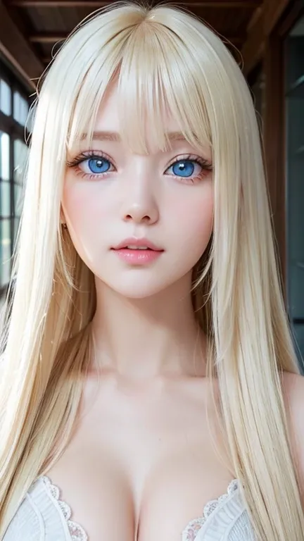  one very white girl 、 very cute appearance 、 high definition 、 very bright white shiny skin 、 very beautiful long bright blonde 、bangs、Very bright blonde、Eye Spacing Bangs 、 super long straight silky hair 、Very long blonde hair、 hair covering one eye 、 sh...