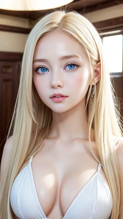  one very white girl 、 very cute appearance 、 high definition 、 very bright white shiny skin 、 very beautiful long bright blonde 、bangs、Very bright blonde、Eye Spacing Bangs 、 super long straight silky hair 、Very long blonde hair、 hair covering one eye 、 sh...