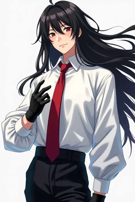 Anime Tall Pre teen Asian boy with Long Flowing black hair Wearing a Long Sleeved Baggy White Dress Shirt and Blood Red tie, Properly Tucked in with the Sleeves reaching the palms, With Black Leather Gloves and Black Dress Pants