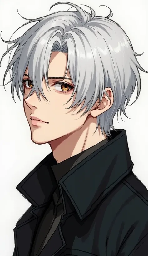  White-haired man , brown eyes with black jacket in drawing