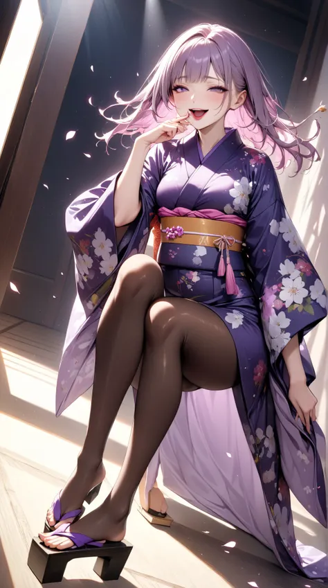  Young Beautiful Woman,(masterpiece:1.3, top quality :1.3, very detailed depiction:1.3, Incredibly Absurd Hi-Res),（Flower Girl Wearing A Japanese Style Yukata ）,(High-quality yukata, bodystocking ,geta),(Purple Eyes,, Half Closed Eyes, is opening her mouth...