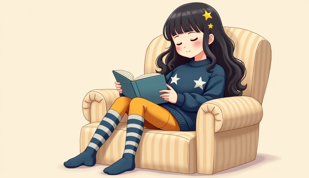 The image is a digital illustration showing a young girl with long, wavy black hair decorated with star-shaped hairpins. He has a light skin tone and is depicted with a calm expression, closed eyes, and a gentle smile. The girl was relaxing comfortably on ...