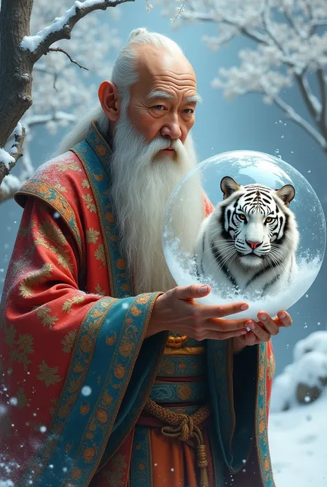 Chinese Bald Old Man With Long Bearded Colorful Clothes Holding Bubble With White Tiger In Snow