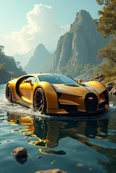 draw a picture of a car that can walk on land, water and fly in the sky, golden color, brand Bugatti