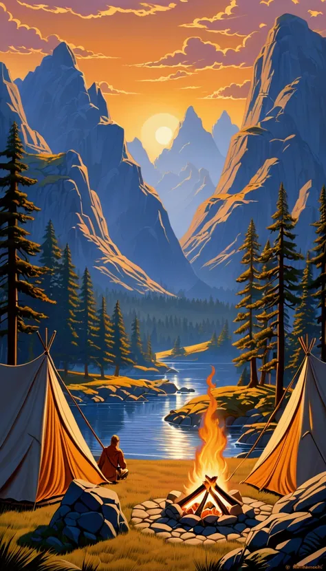 ((Minimalista)) microdetalle!!! Ultra HD, ultrra-detalle!!!!!! painting of a tent and campfire in a rocky landscape, inspired by Brothers Hildebrandt, inspired by the Brothers Hildebrandt, by David B. Mattingly, by the Brothers Hildebrandt, scenery art det...