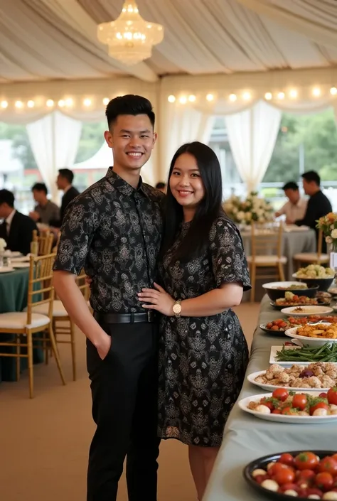 A couple at an elegant indoor wedding party during the day. A young man with short hair, neatly combed, wearing a modern black batik shirt with a contemporary pattern, black trousers and shiny black shoes. The chubby young woman has long black hairstyle an...