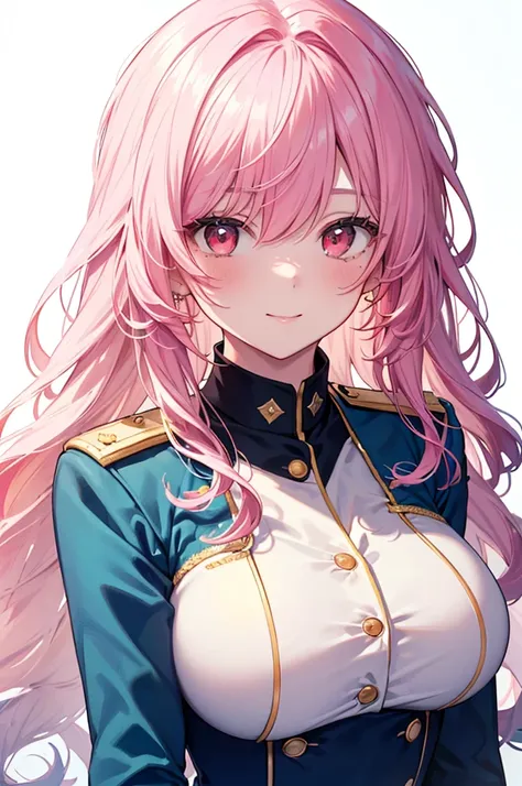 Masterpiece, ((1 girl)), ((Best Quality)), (Ultra-detailed), Highly detailed, (Portrait), ((Big breasts)), ((Wavy Long Hair, Pink hair, Red eyes)), ((20-years-old, Young girl)), ((White Skin)), ((Sea Blue Military Blazer Uniform, Sea Blue Blazer, White Uni...