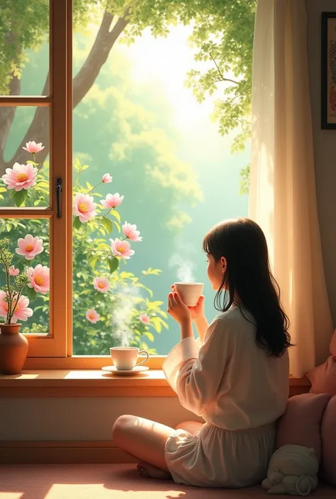 Picture for the morning for good morning , sun, a cup of coffee ,  window,nature , pink flowers