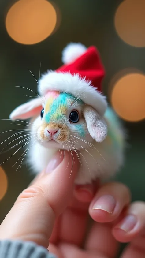 A highly realistic image of an incredibly tiny, fluffy rabbit with soft, multi-colored pastel fur, featuring gentle shades of pink, blue, green, and white that blend seamlessly. The rabbit has large, round, sparkling blue eyes, long delicate ears, and a ti...