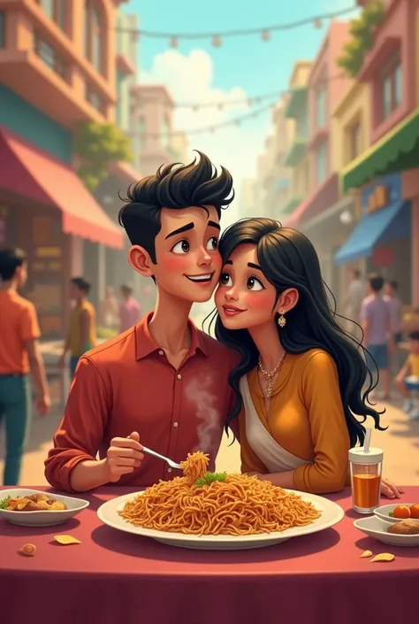 A Bangladeshi  boy and girl dating togather and beside a man eating briyani with funy way