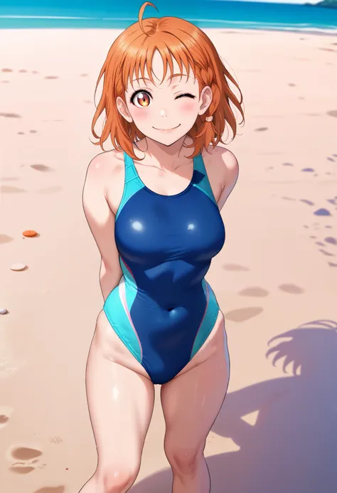 1girl, takami chika, medium hair, orange hair, standing, sporty athletic build, sharp lines, vibrant colors, RUKIA Style, ahoge, blush, braid, side braid, smile, solo, split mouth, standing on beach, playful pose, light breeze, flowing hair, beach setting,...