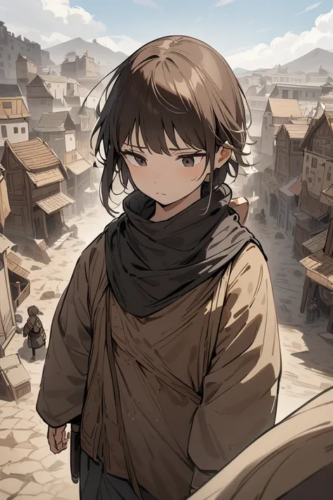 (( top quality )), ((masterpiece)), ( Details),  female in her 20s, human, Brown short hair,  dark eyes, Nomad, Town, escape, Injury