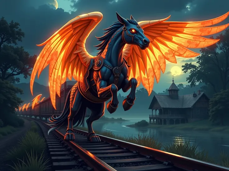 Crazy Train running on the rails, Pixar style, dark tones, dark palette, no background, stunning, warrior angel , mythical being, energy, molecular, textures, iridescent and luminescent scales, breathtaking beauty, pure perfection, divine presence, unforge...